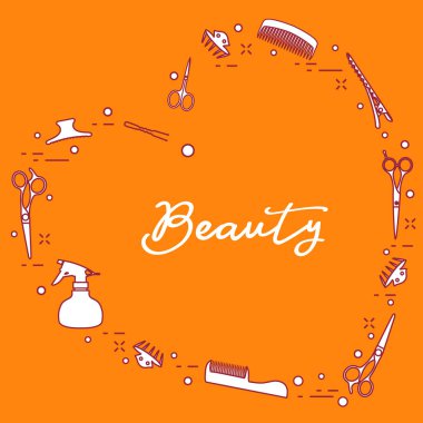 Kalp şeklinde düzenlenmiş profesyonel kuaför araçları ile vektör çizim. Güzellik Salonu. Manikür. Glamour moda moda stil.