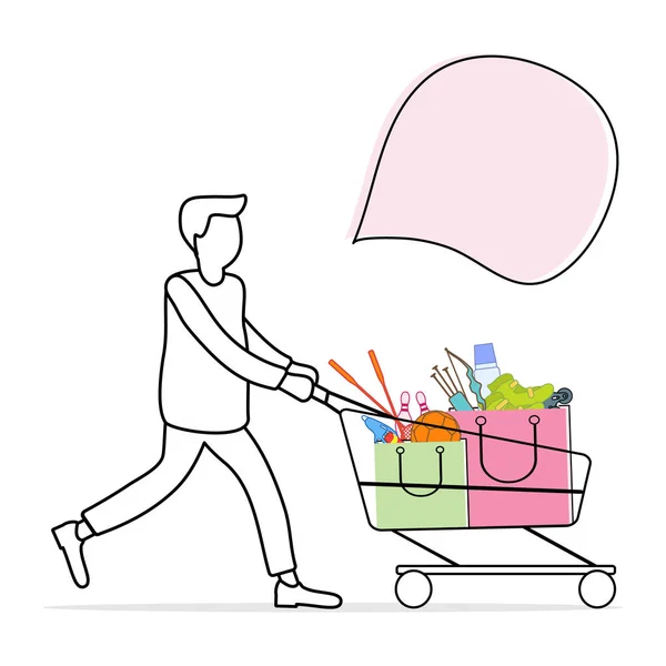 Ilustración Vectorial Con Hombre Lleva Carrito Compras Con Productos Comprados — Vector de stock