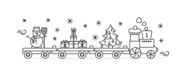 Funny Vector Illustration Christmas Train Carries Christmas Tree Snowman Broom — Stock Vector