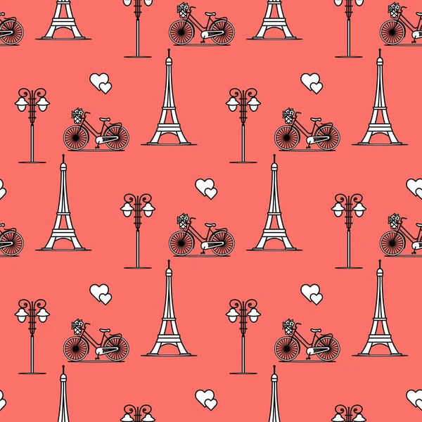 Seamless pattern with famous tower, bicycle, lantern, hearts. Travel and leisure. Valentine's Day. Romantic background.
