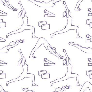 Kadınlar yoga ile Seamless modeli poz veriyor, bloklar, kemer için yoga. Sakin ol ve meditasyon. Sağlıklı bir yaşam tarzı. Eğitim dengesi. Banner için tasarım ve baskı.