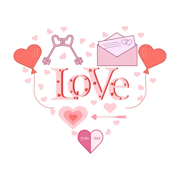 Balloons Keys Envelope Letter Arrow Shape Heart Inscription Love Hearts — Stock Vector