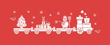 Komik vektör çizim Noel Tren taşır Noel ağacı ile süpürge, hediyeler ile kardan adam. Mutlu yeni yıl 2019, Noel kartı.