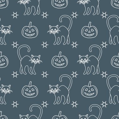 Cadılar Bayramı 2019 vektör balkabağı ve cadı cats ile seamless modeli. Parti kartı, sarma, kumaş, yazdırma için tasarım.