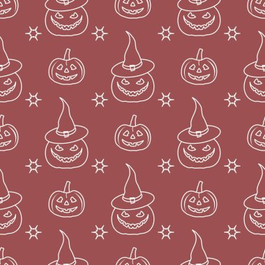 Cadılar Bayramı 2019 vektör pumpkins, cadı şapka ile seamless modeli. Parti kartı, sarma, kumaş, yazdırma için tasarım.