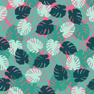 Monstera ile Seamless modeli bırakır. Tropikal arka plan. Tasarım afiş, poster, tekstil, yazdırma için.