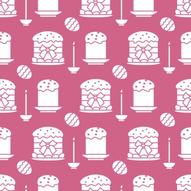 Paskalya kek, mum, bir şekilde dekore edilmiş yumurta ile Seamless modeli. Mutlu Paskalyalar. Festival arka plan. Başlık sayfası, poster veya baskı için tasarım.