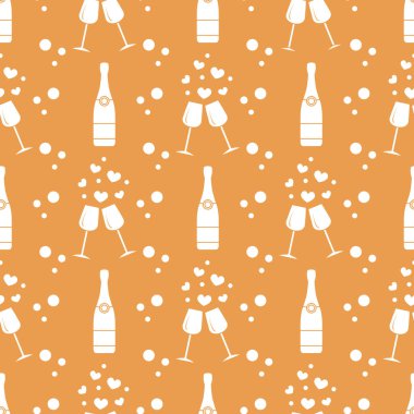 Şampanya bardağı, kalpler, şişe ile Seamless modeli. Tebrik kartı Sevgililer günün kutlu olsun. Romantik arka plan.