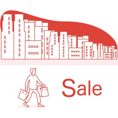 Vektör çizim ile cityscape, insan taşımak alışveriş. Büyük satış ve alışveriş kavramı. Başlık sayfası, poster veya baskı için tasarım.
