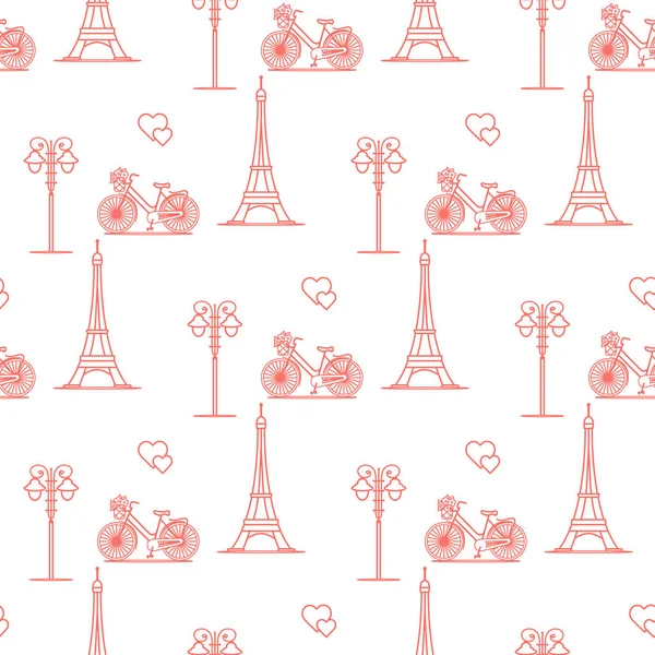 无缝图案与著名的塔 自行车 旅行和休闲 情人节 浪漫背景 — 图库矢量图片