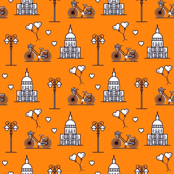 Seamless pattern with famous building, bicycle, lantern, balloons, hearts. Travel and leisure. Valentine's Day. Romantic background.