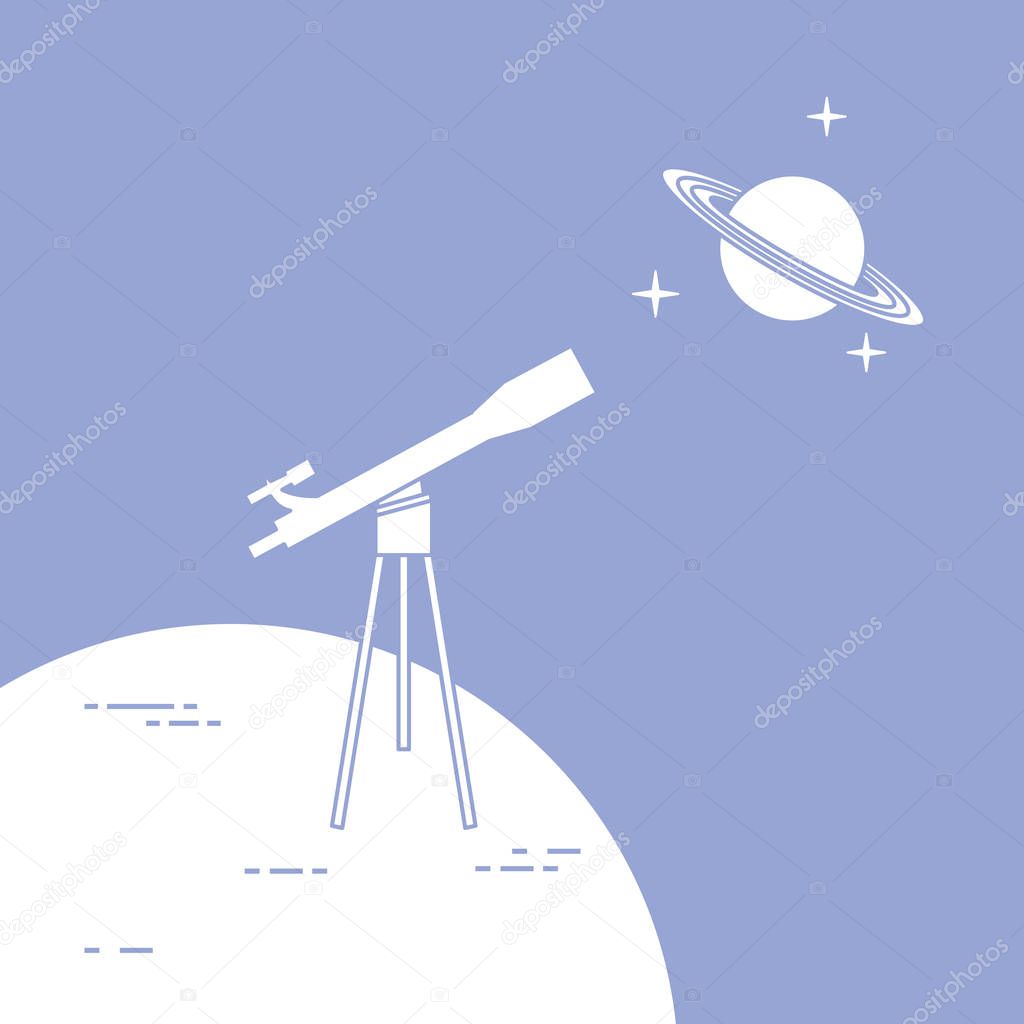Vector illustration with telescope, planet Saturn with ring system. Astronomy. Design for banner, poster, textile, print.