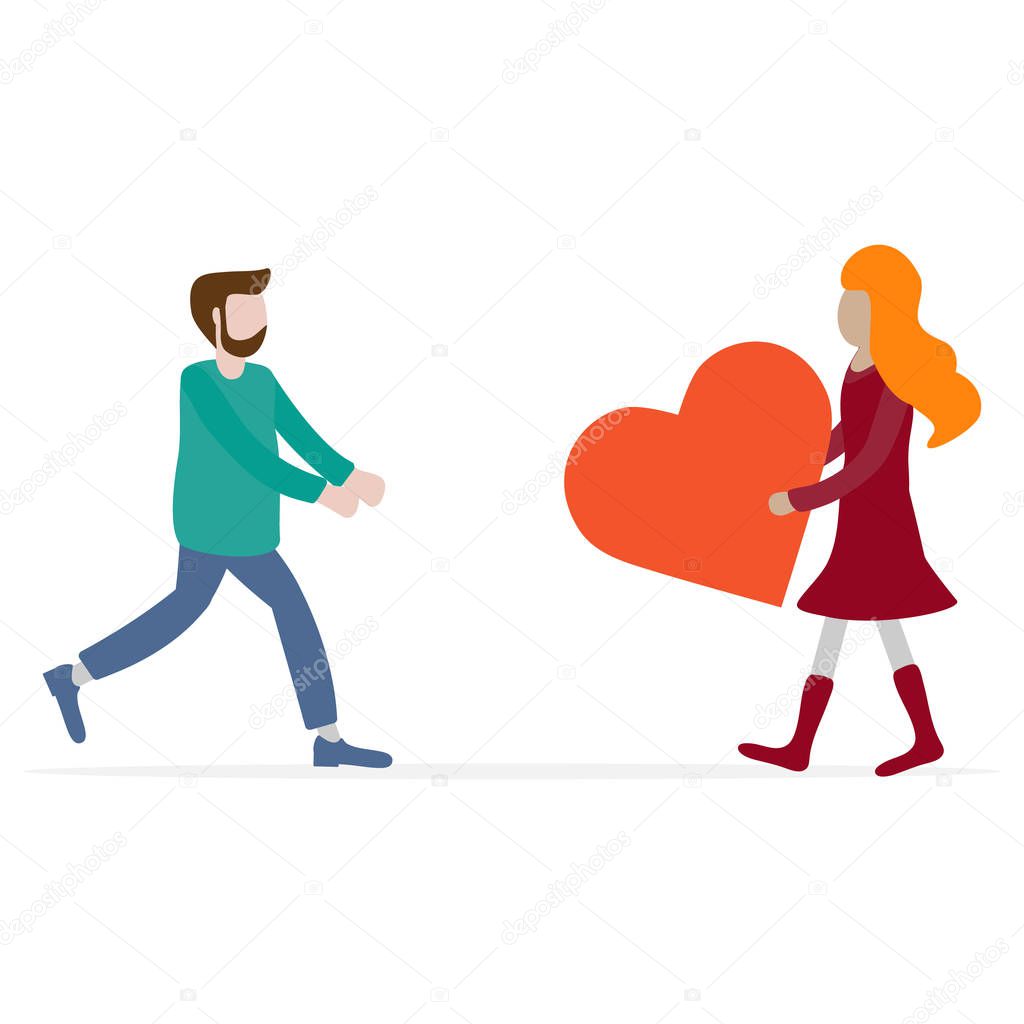 Man and woman rush to each other for a meeting, heart. Birthday, Valentine's day vector background. Design for greeting card, banner, poster or print.