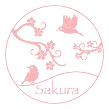 Sakura şube ve Japon kuşlar. Japonya geleneksel tasarım öğeleri. Kiraz çiçekleri dallarında. Seyahat ve eğlence.