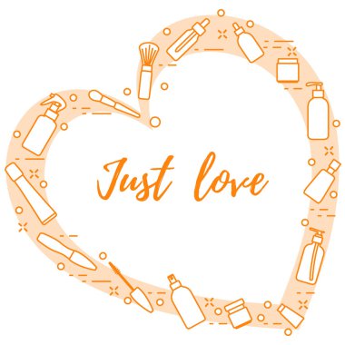 Kozmetik ve bakım ürünleri kalp şeklinde düzenlenmiştir. Glamour moda moda stil.