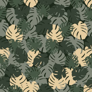 Monstera ile Seamless modeli bırakır. Tropikal arka plan. Tasarım afiş, poster, tekstil, yazdırma için.
