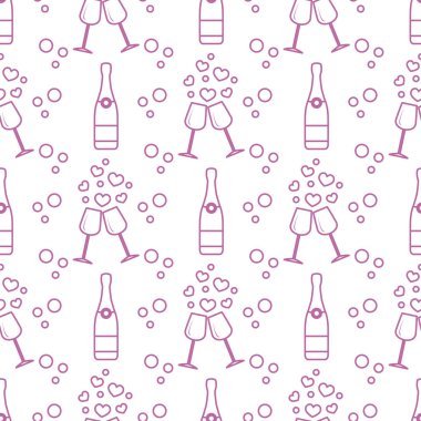 Şampanya bardağı, kalpler, şişe ile Seamless modeli. Tebrik kartı Sevgililer günün kutlu olsun. Romantik arka plan.