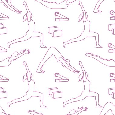 Kadınlar yoga ile Seamless modeli poz veriyor, bloklar, kemer için yoga. Sakin ol ve meditasyon. Sağlıklı bir yaşam tarzı. Eğitim dengesi. Banner için tasarım ve baskı.