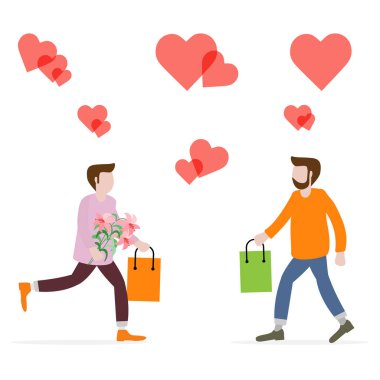 Erkek çiçekler ve hediyeler, kalpleri ile. Doğum günü, Sevgililer günü, anneler günü vektör arka plan. Tebrik kartı, başlık sayfası, poster veya baskı için Tasarla.