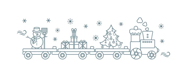 Lustige Vektor Illustration Mit Weihnachtszug Trägt Weihnachtsbaum Schneemann Mit Besen — Stockvektor