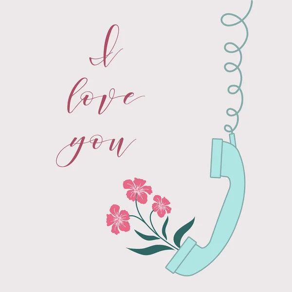 Ilustracja Wektorowa Uchwyt Słuchawki Kwiaty Słuchawki Napis Kocham Cię Romantyczny — Wektor stockowy