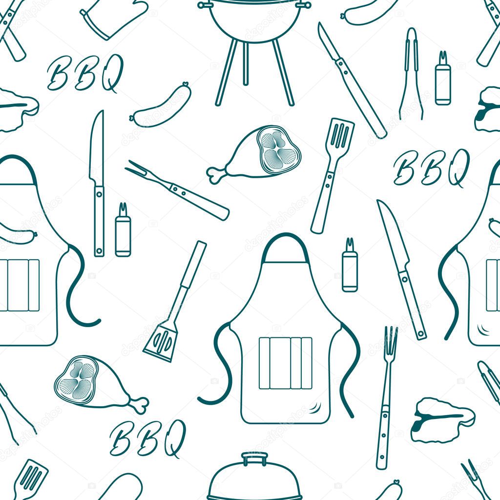 Seamless pattern with grill and barbecue tools. BBQ party background. Design for party card, banner, poster or print.