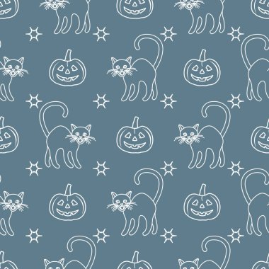 Cadılar Bayramı 2019 seamless modeli. Kabaklar, kedi.