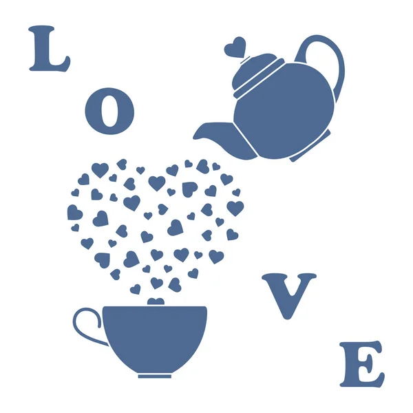 Grußkarte Valentinstag. Teekanne, Tasse, Herzen — Stockvektor