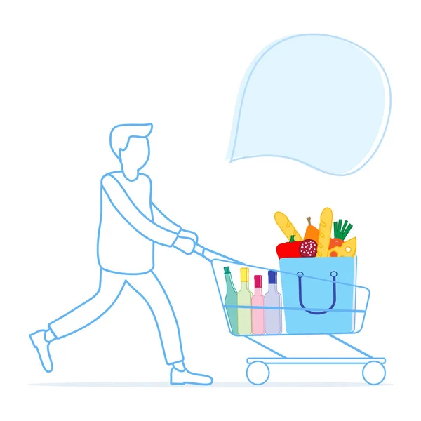 Man carries shopping cart with food and drinks. — Stock Vector
