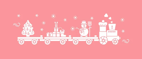 Trem carrega árvore de Natal, boneco de neve, presentes . — Vetor de Stock