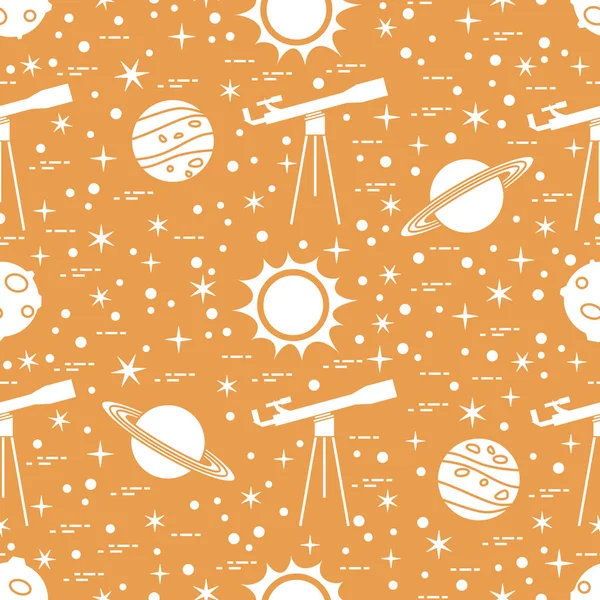 Naadloze patroon. Telescoop, de zon, de planeten, de sterren. — Stockvector