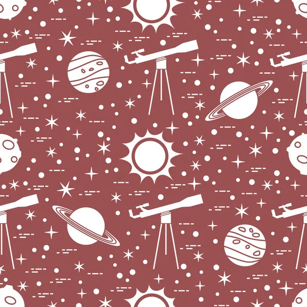 Naadloze patroon. Telescoop, de zon, de planeten, de sterren. — Stockvector