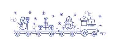 Tren taşıdığı Noel ağacı, kardan adam, hediyeler.