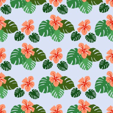 Tropikal seamless modeli Monstera yaprakları, çiçekleri