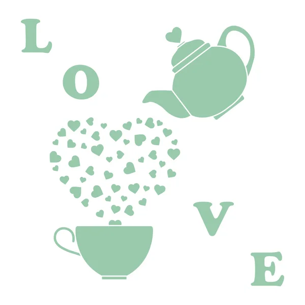 Greeting card Valentine's Day. Teapot, cup, hearts — Stock Vector
