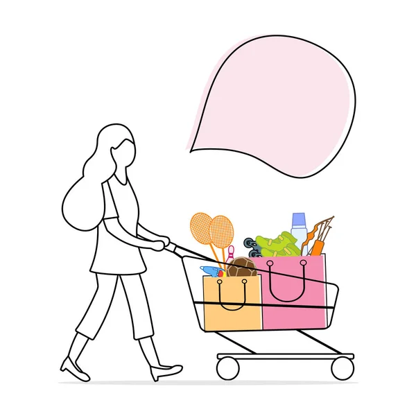 Mujer lleva carrito de compras con bienes comprados . — Vector de stock