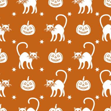 Cadılar Bayramı 2019 seamless modeli. Kabaklar, kedi.