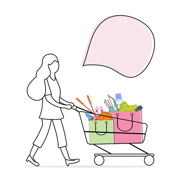Mujer lleva carrito de compras con bienes comprados . — Vector de stock