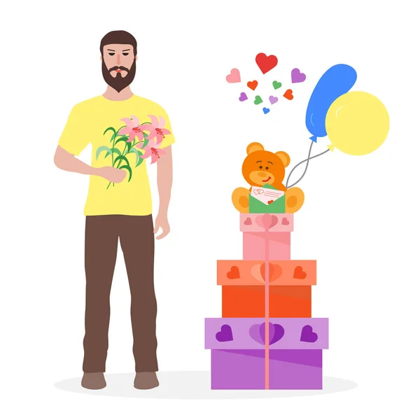 Homme avec des fleurs et des cadeaux. Carte de voeux vacances . — Image vectorielle