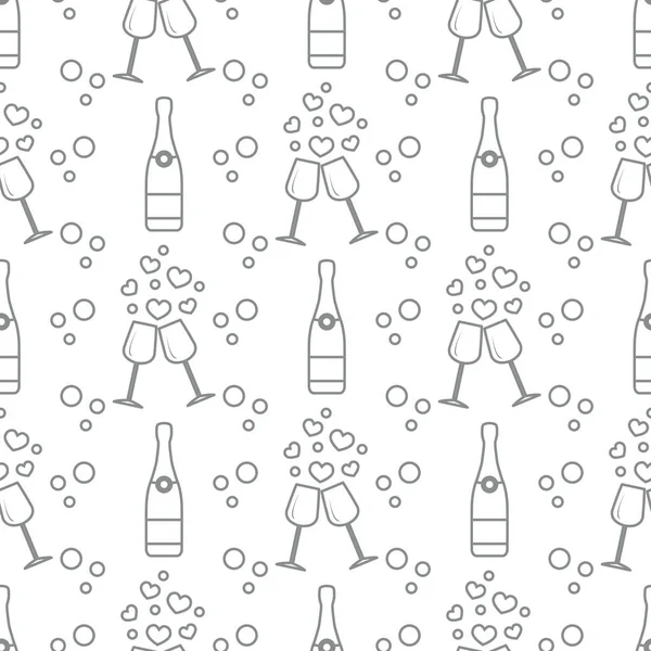 Seamless holiday pattern. Hearts, glasses, bottle — Stock Vector
