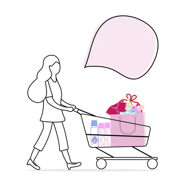 Mujer lleva carrito de compras con bienes comprados . — Vector de stock