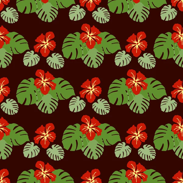 Patrón tropical sin costuras hojas de Monstera, flores — Archivo Imágenes Vectoriales