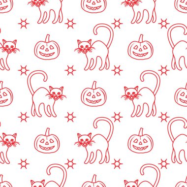 Cadılar Bayramı 2019 seamless modeli. Kabaklar, kedi.