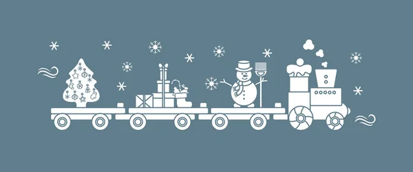 Train carries Christmas tree, snowman, gifts. — Stock Vector