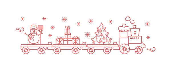 Trem carrega árvore de Natal, boneco de neve, presentes . — Vetor de Stock