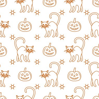 Cadılar Bayramı 2019 seamless modeli. Kabaklar, kedi.