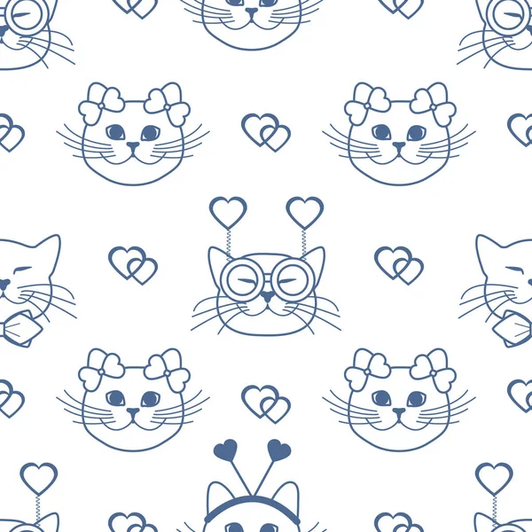 패턴입니다. 발렌타인의 하루입니다. 고양이, 마음입니다. 카니발 — 스톡 벡터