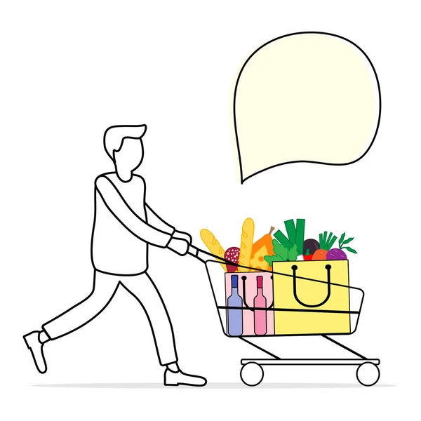 Man carries shopping cart with food and drinks. — Stock Vector