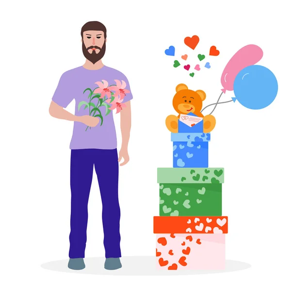 Hombre con flores y regalos. Tarjeta de felicitación de vacaciones . — Vector de stock