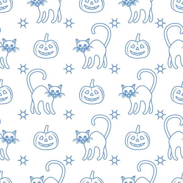 Halloween 2019 padrão sem costura. Abóboras, gatos . — Vetor de Stock